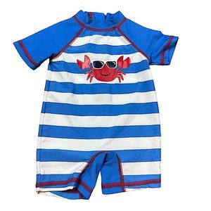 LITTLE ME: Striped One-Piece Swimsuit / Rash-guard with Crab -Size 6-9 Months